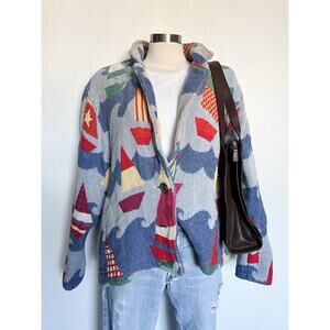 Painted Pony Tapestry Sail Boat Nautical Button Jacket M/L Blue Coastal Cottage